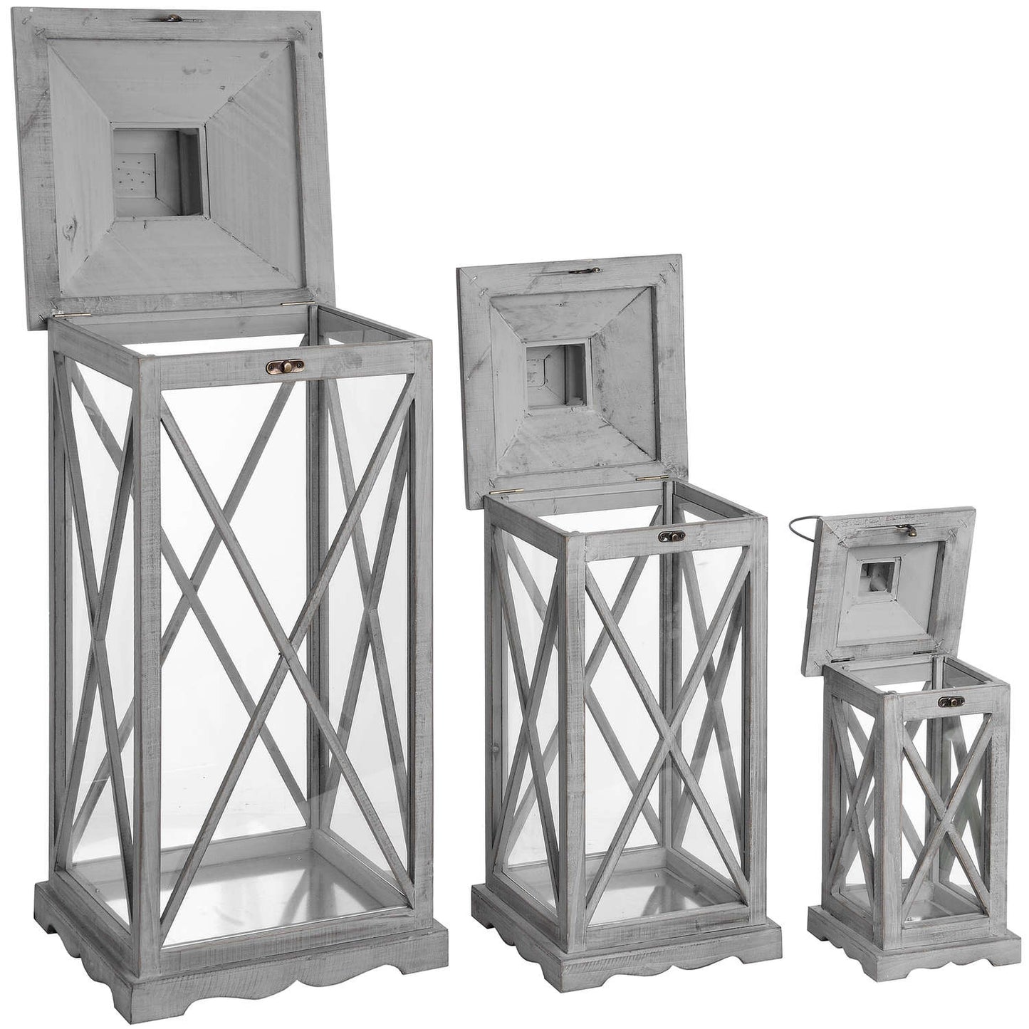 Set of Three Wooden Lanterns with Cross Design – Grey