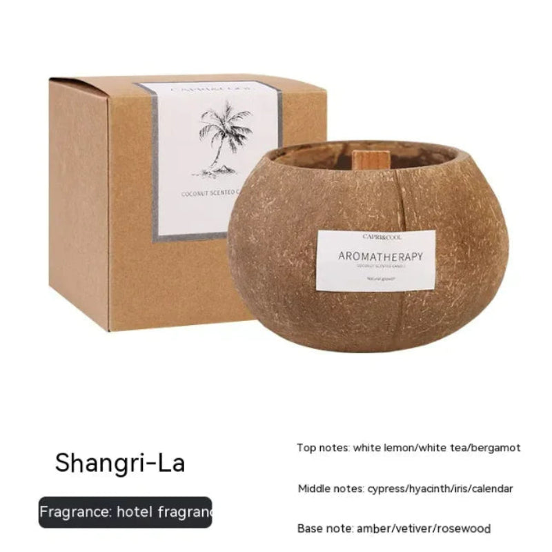 Cork candle holder with 'Aromatherapy' label and coconut shell packaging on a white background