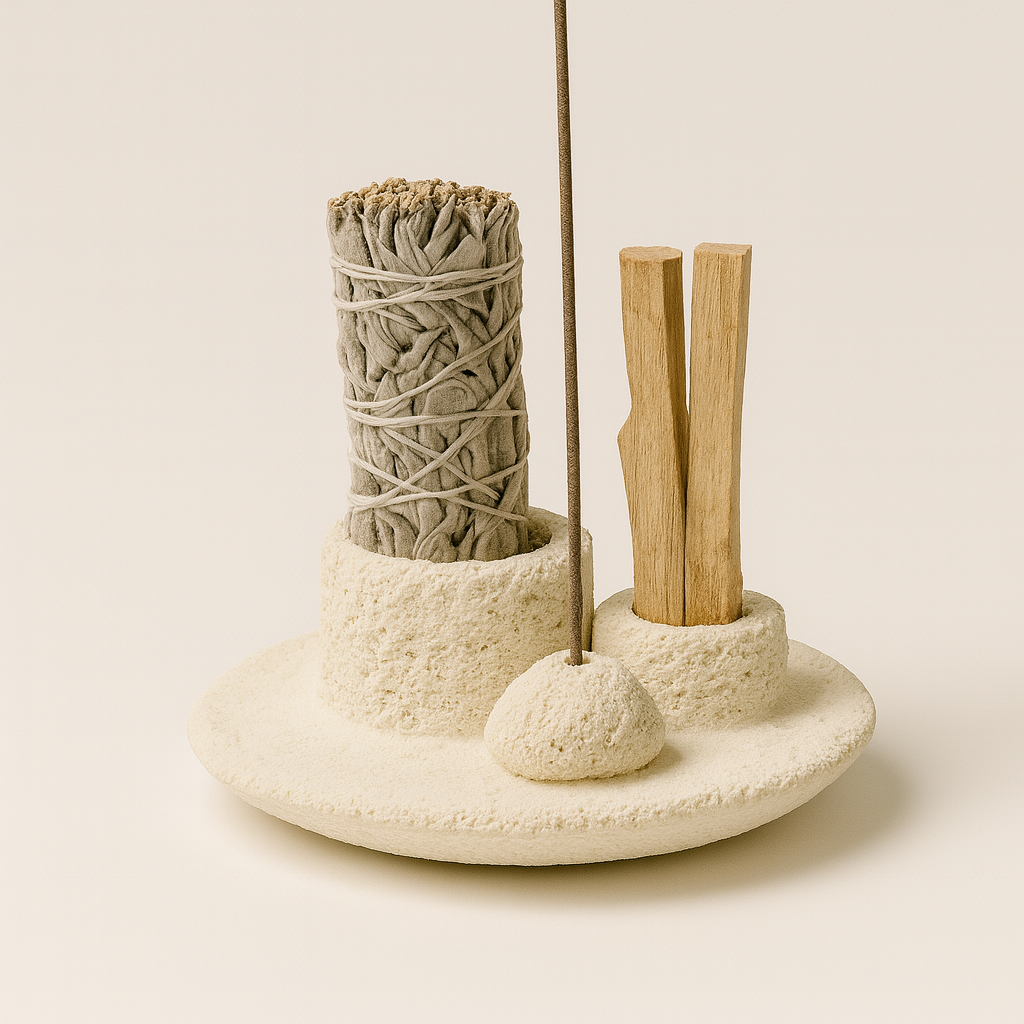 Sculptural 3-in-1 incense holder with sage, palo santo, and incense stick.