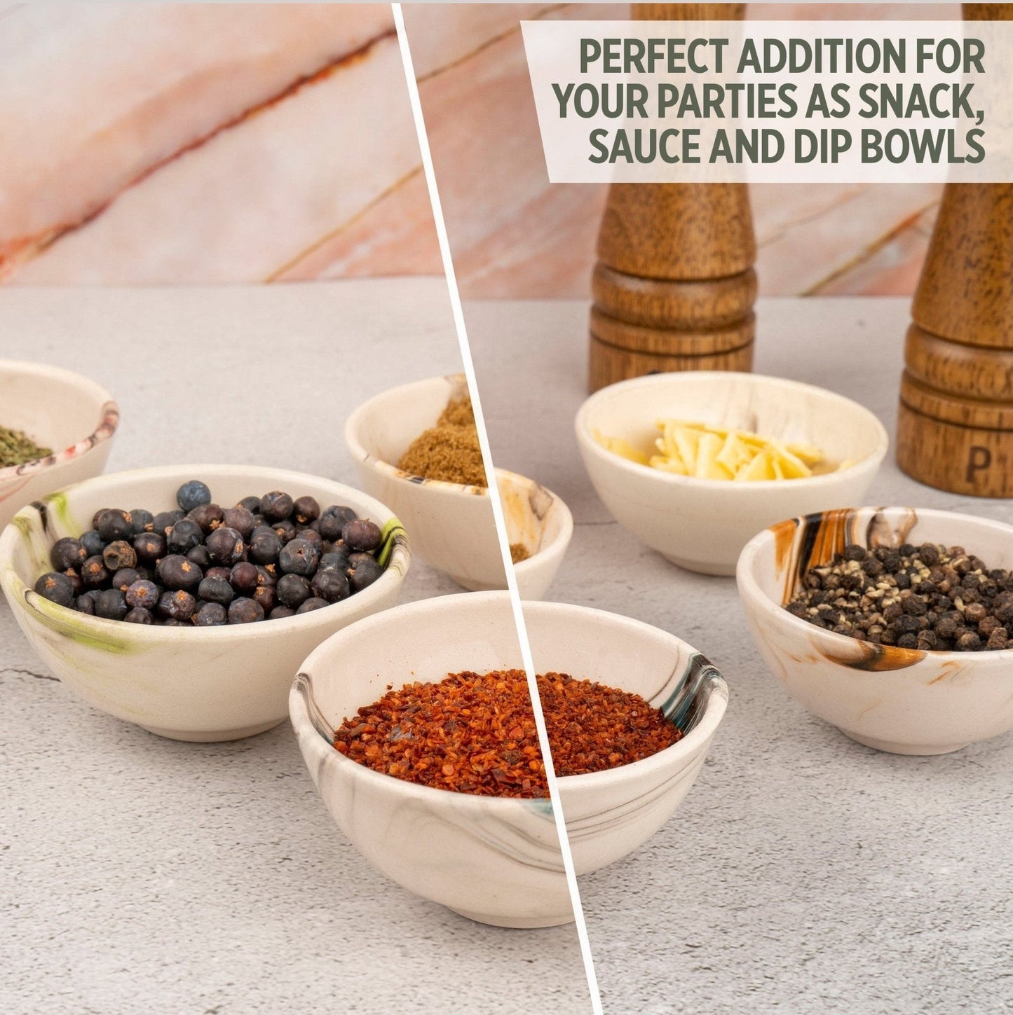 Ceramic Dip Bowls Set of 6 in Mocha Marble Bloom Finish.