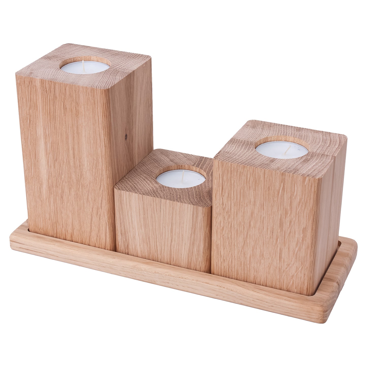 Set of 3 square oak candlesticks with a tray