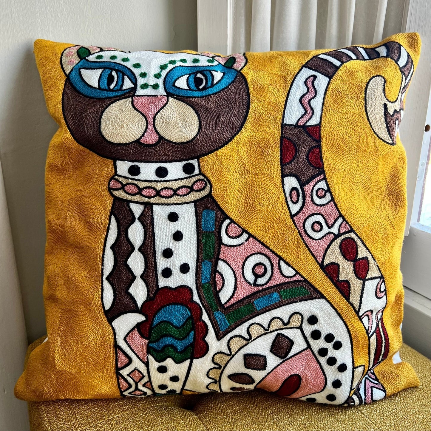 Gold Abstract Cat Embroidered Pillow Cover – Thoughtful Gift from The Gift Shop UAE