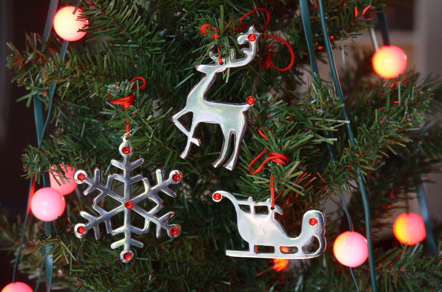 Handmade Christmas Ornaments Set of 4 with Red Ruby Crystals - The Gift Shop