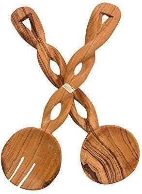 Handmade olive wood salad servers with twisted handles.