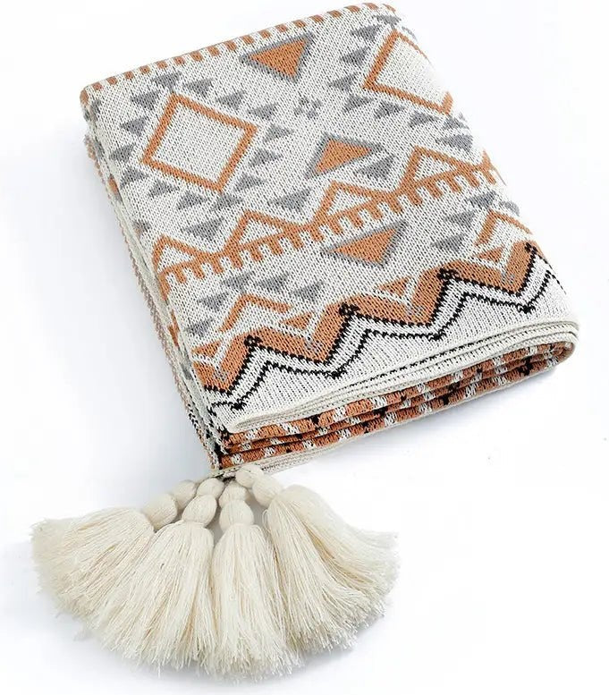 Cotton Throw Blanket - Knitted Geometric Pattern in 100% Cotton.