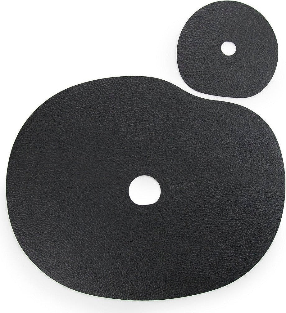 Black natural leather placemat and coaster set with a hole in each.