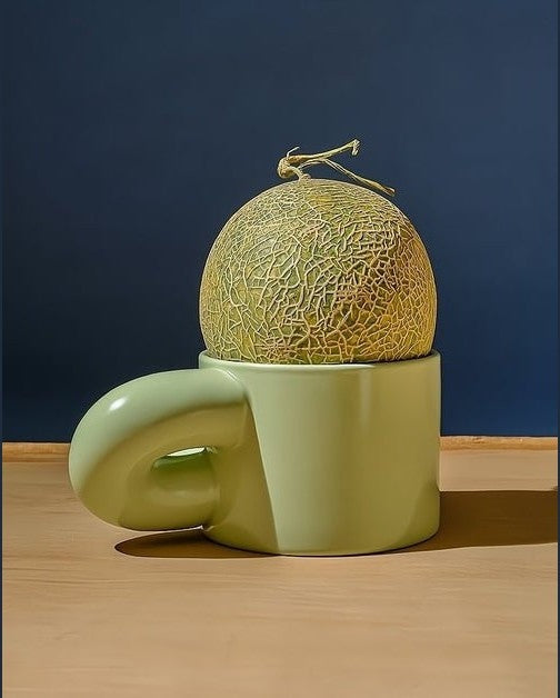 Oversized light green ceramic mug with a cantaloupe.