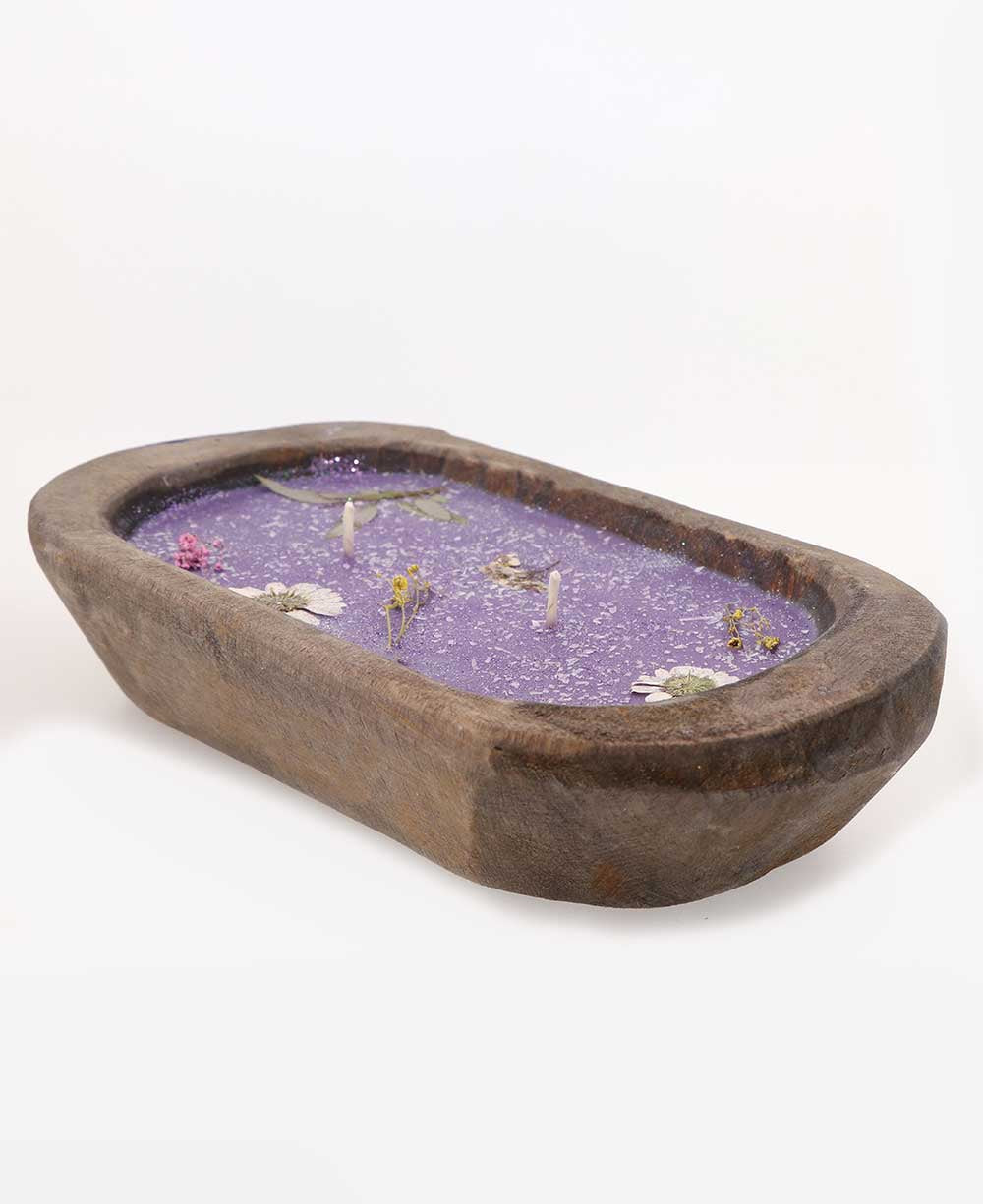 Pressed Flower Soy Candle in Rustic Wood Dough Bowl