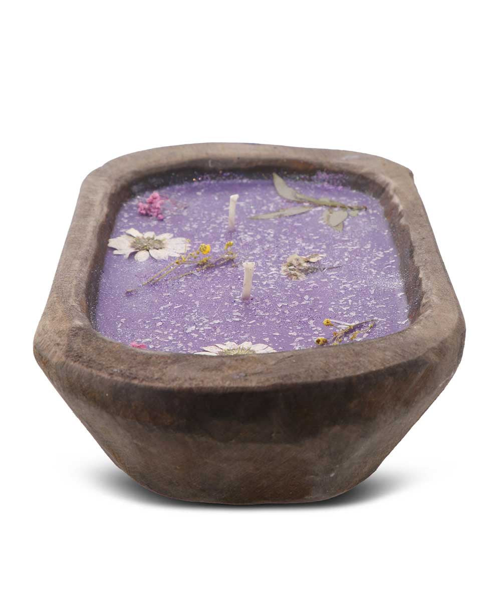 Pressed Flower Soy Candle in Rustic Wood Dough Bowl