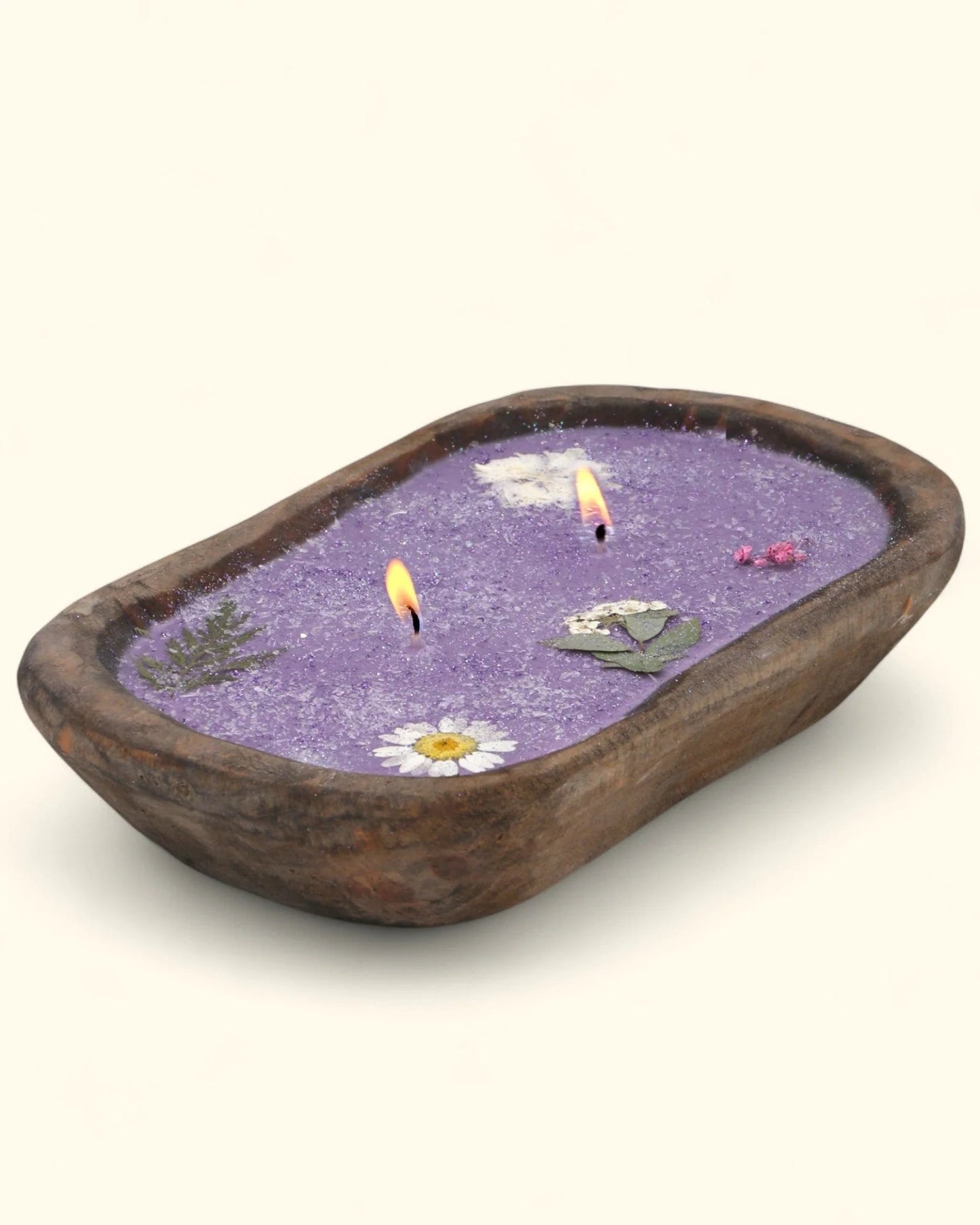 Pressed Flower Soy Candle in Rustic Wood Dough Bowl