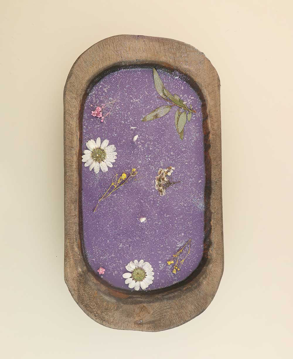 Pressed Flower Soy Candle in Rustic Wood Dough Bowl