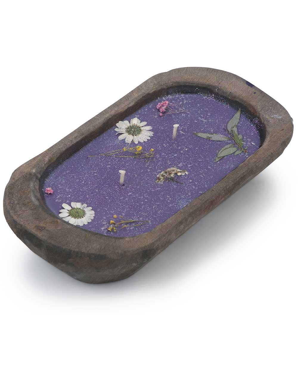 Pressed Flower Soy Candle in Rustic Wood Dough Bowl