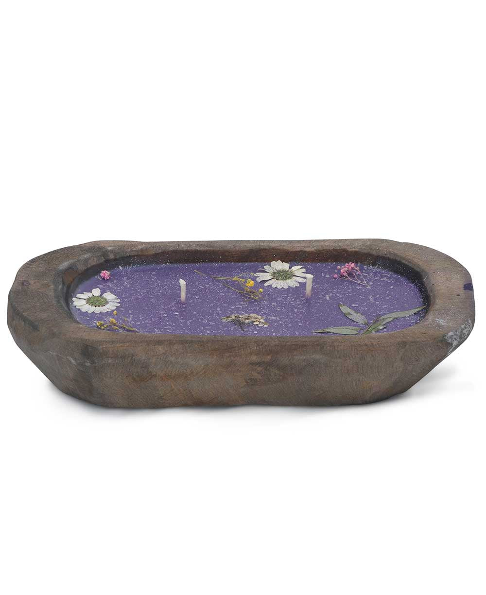 Pressed Flower Soy Candle in Rustic Wood Dough Bowl