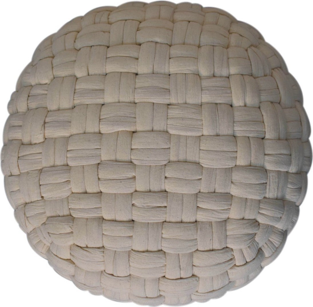 White woven cotton tube pouffe with basket weave texture.