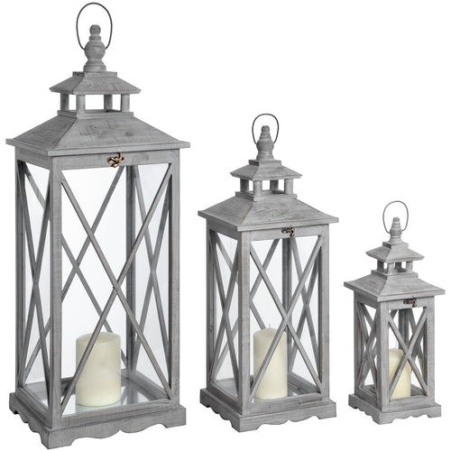Set of Three Wooden Lanterns with Cross Design – Grey