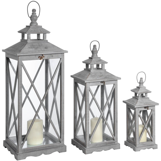 Set of Three Wooden Lanterns with Cross Design – Grey