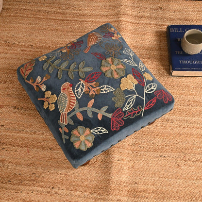 Handcrafted Velvet Embroidered Footstool - Sahaj Hast