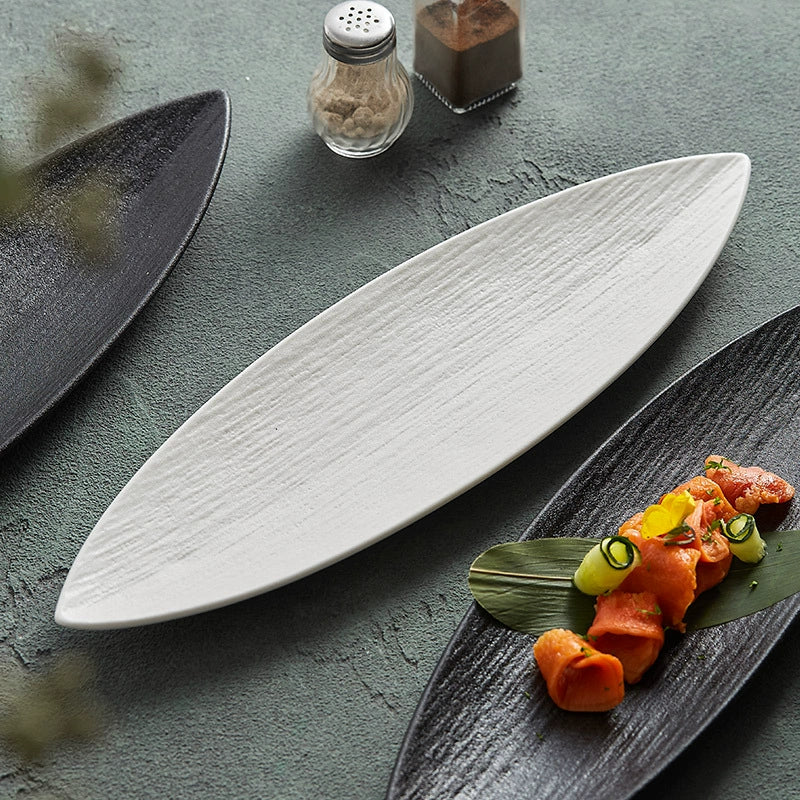 Leaf-Shaped Ceramic Serving Plate - Long Textured Dish.