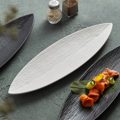 Leaf-Shaped Ceramic Serving Plate - Long Textured Dish.