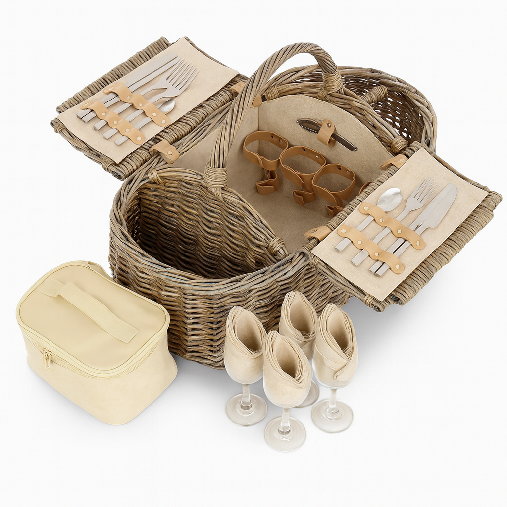Elegant Boat-Shaped Wicker Picnic Basket with Complete Dining Set