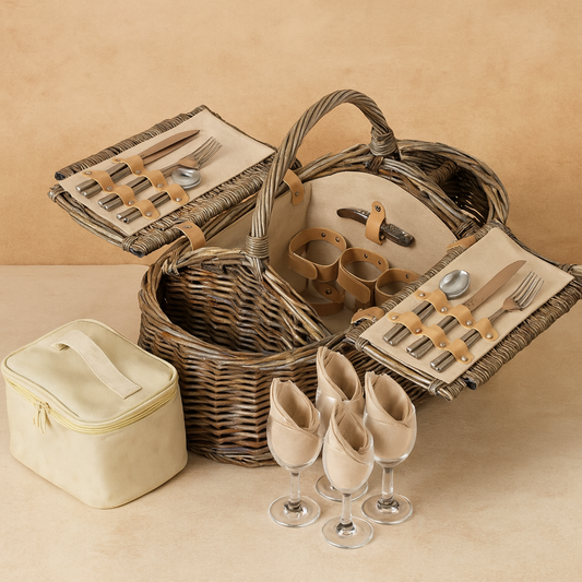 Elegant Boat-Shaped Wicker Picnic Basket with Complete Dining Set