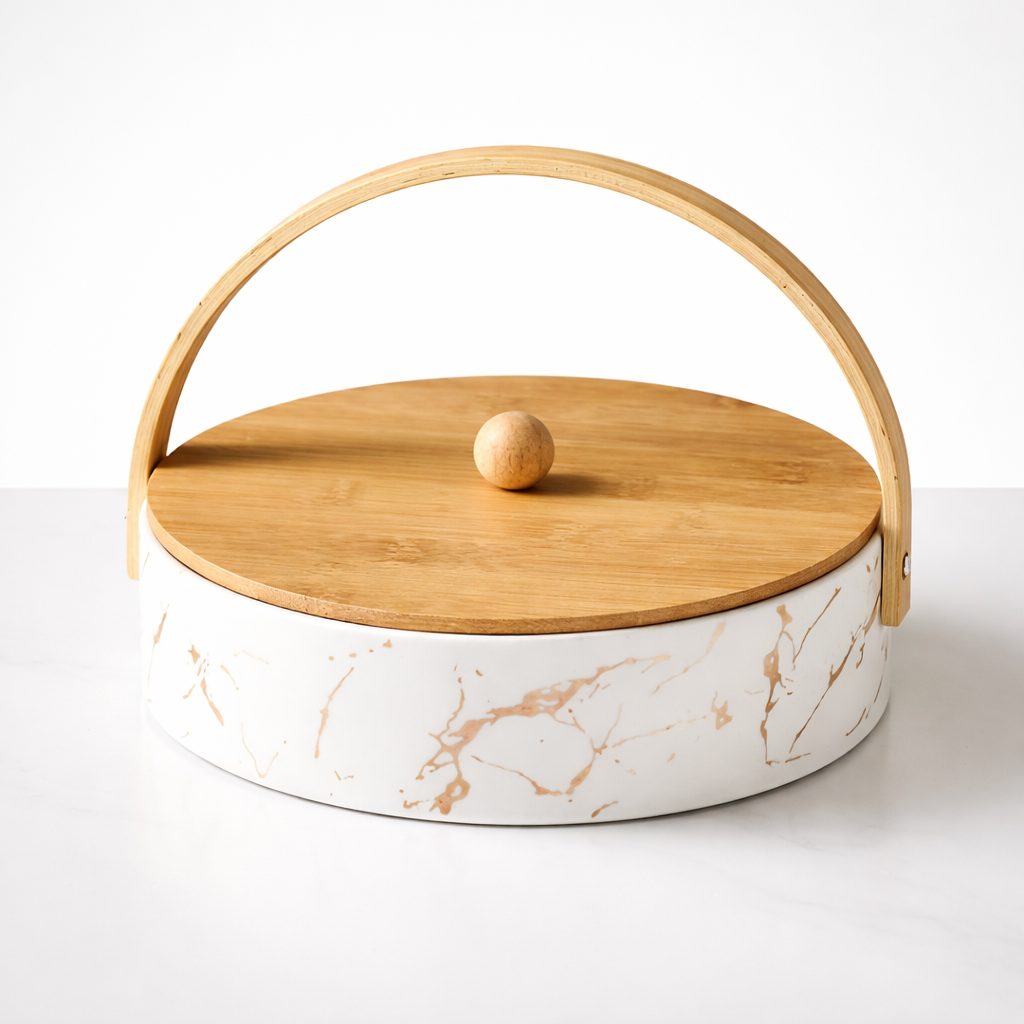 Decorative container with marble design and wooden lid on a white background