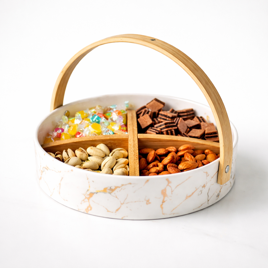 Marble-patterned snack tray with wooden divisions containing various snacks on a white background