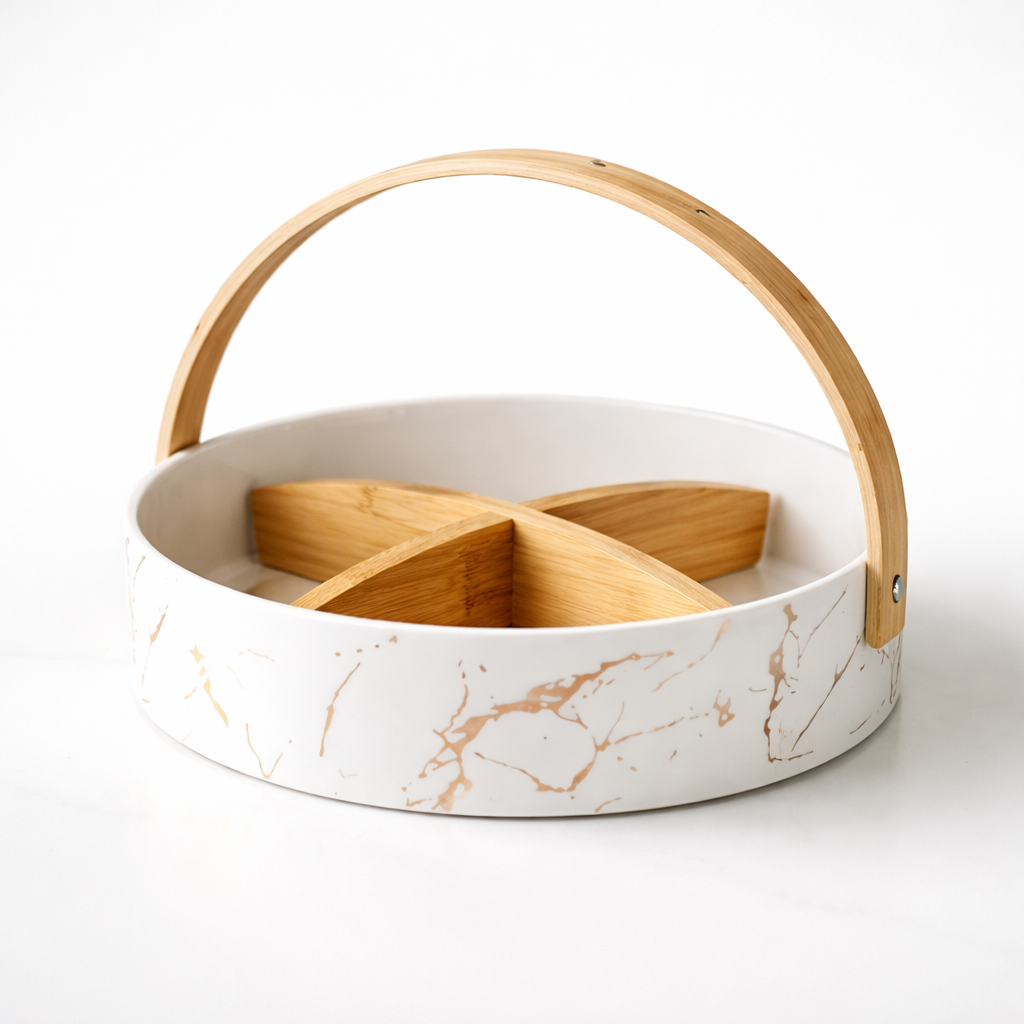 Marble-patterned dish with wooden compartments and handle on a white background