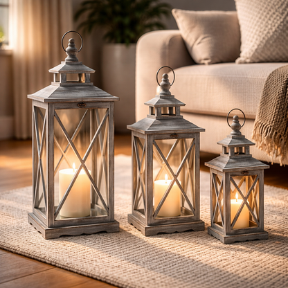 Three wooden lanterns with candles inside on a rug in a living room.
