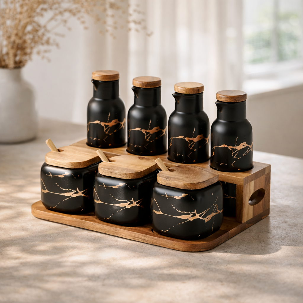 Set of black ceramic jars with wooden lids on a wooden tray in a kitchen setting.