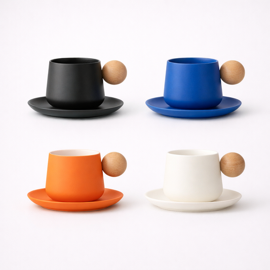 Minimalist Ceramic Mug & Saucer Set with Wooden Handle
