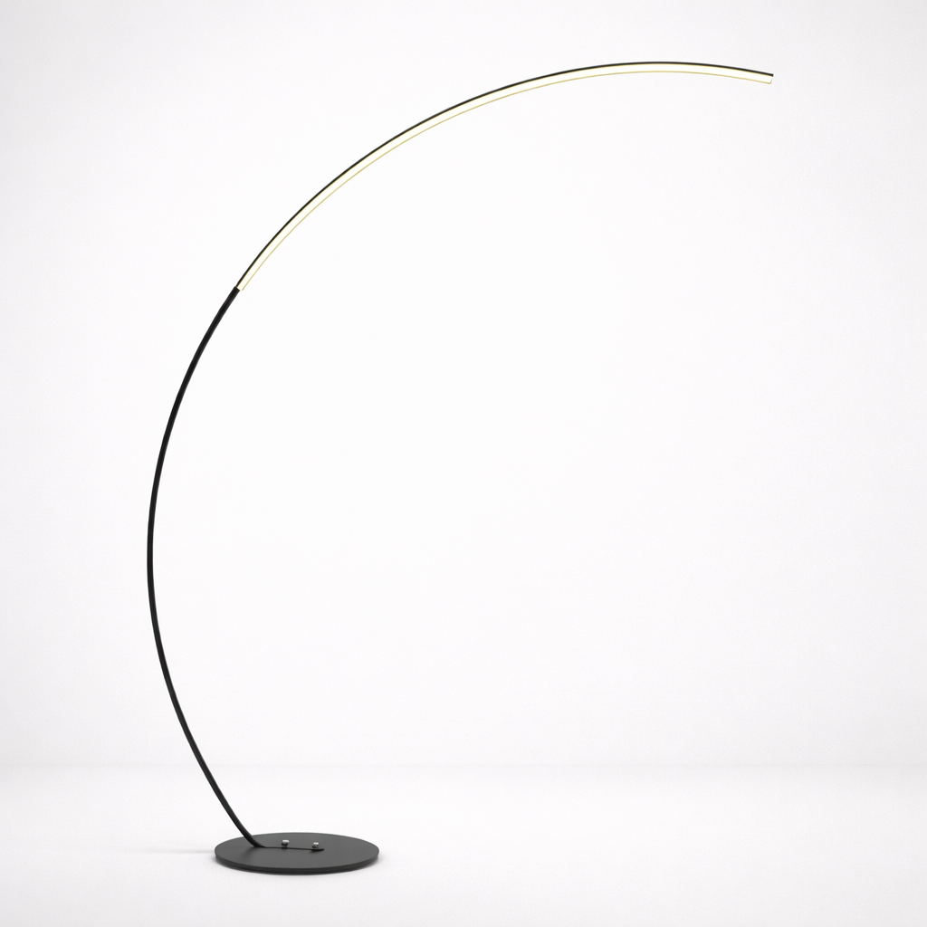 Modern black metal curved LED floor lamp with a slim arched silhouette and weighted base.