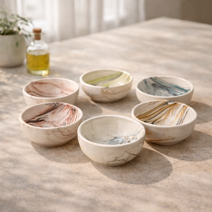 Set of six marbled ceramic bowls on a textured surface with a blurred background