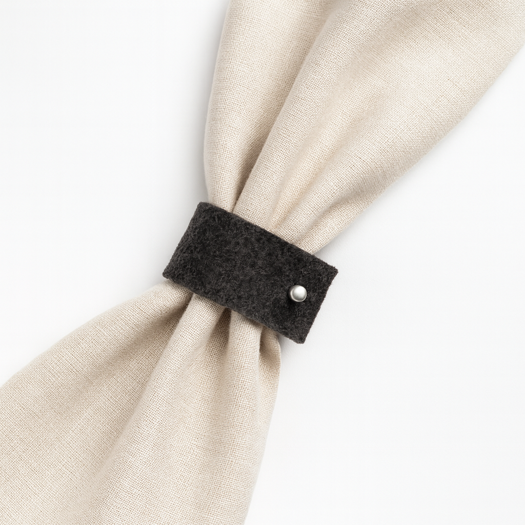 Minimalist black felt napkin rings with a silver accent.