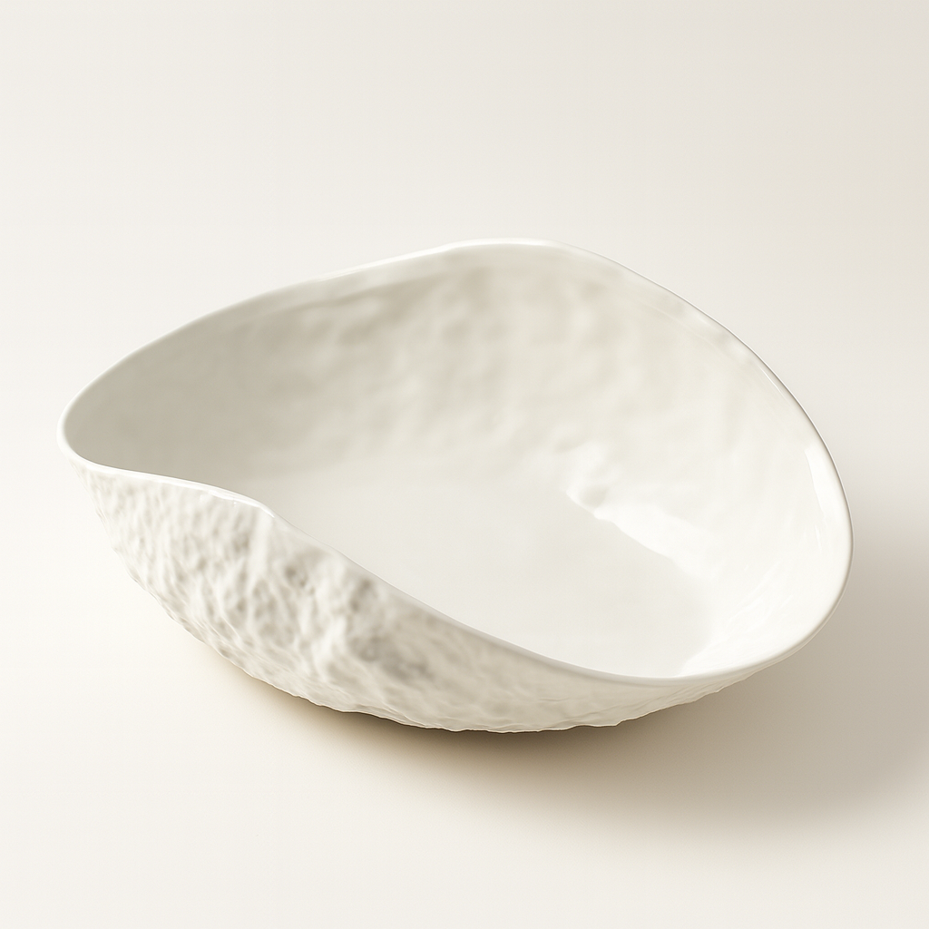 White ceramic bowl with textured surface on a light beige background