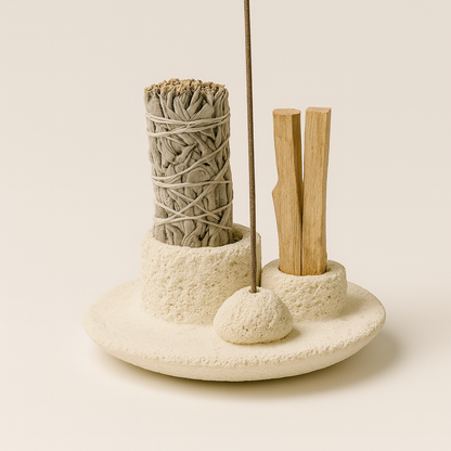 Ceramic incense holder with incense sticks and a ball of incense on a beige background