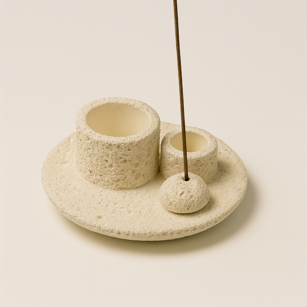Ceramic incense holder with a single stick of incense on a beige background
