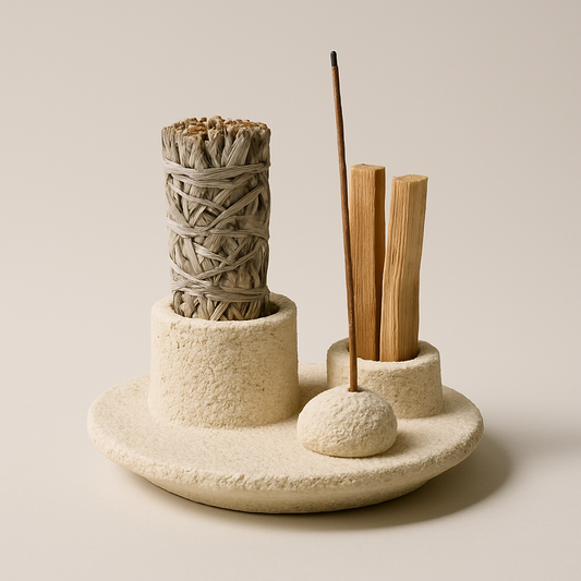 Ceramic incense holder with natural materials on a beige background