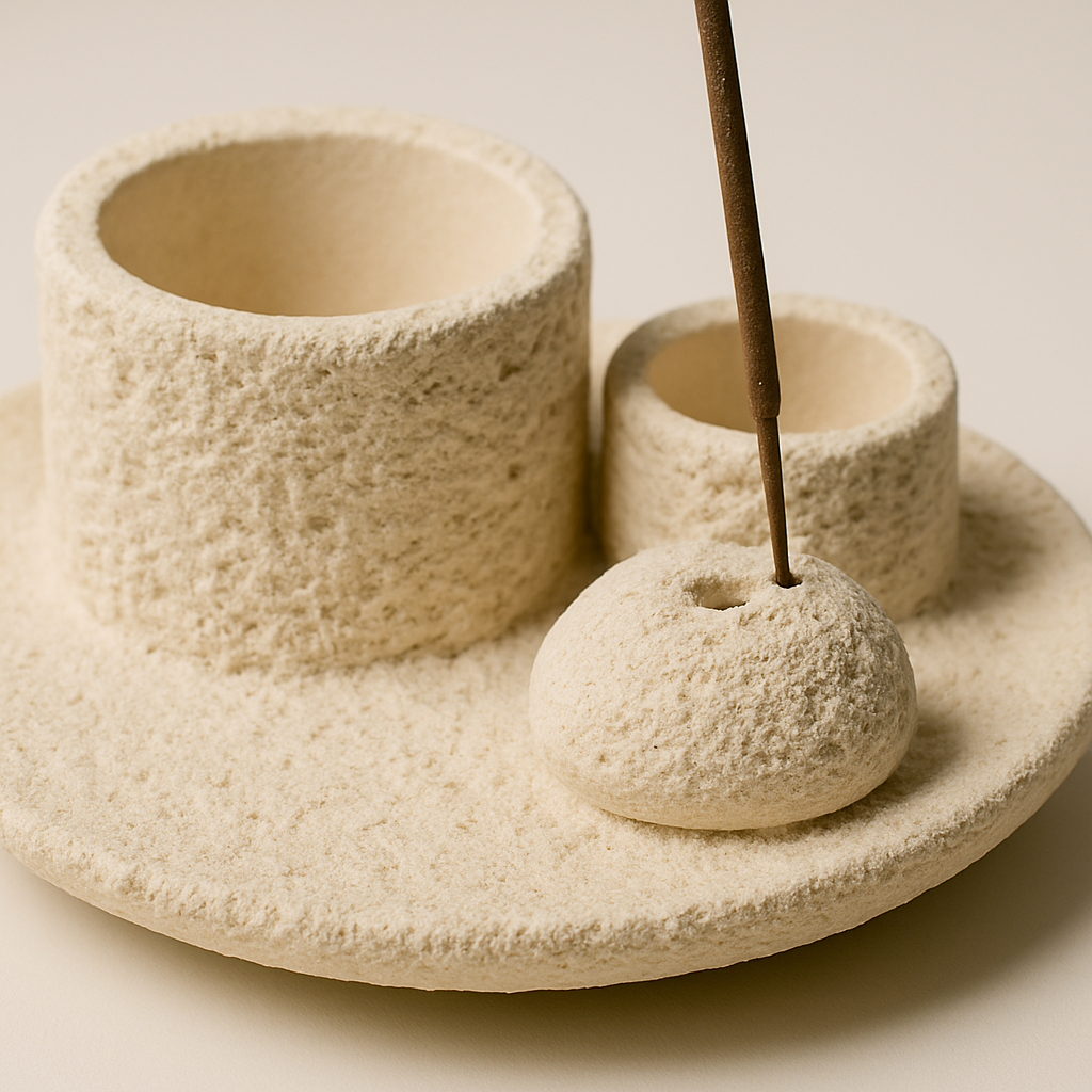 Ceramic incense holder with a stick on a beige background