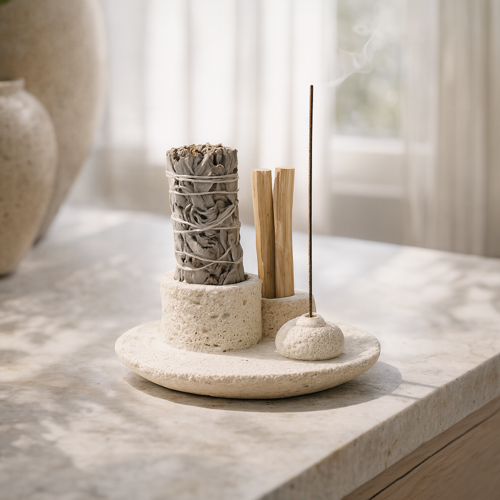 Ceramic incense holder with incense sticks and cones on a marble surface