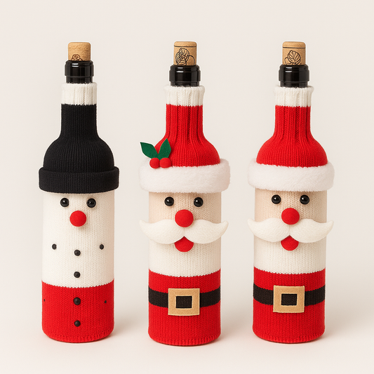 Three wine bottle covers shaped like Santa Claus on a white background