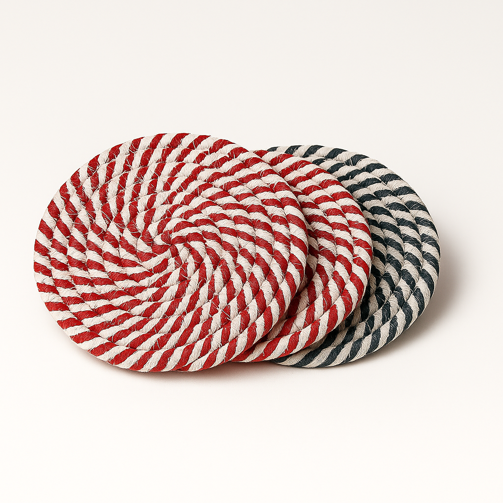 Set of 4 round braided cotton coasters with red and white stripes.