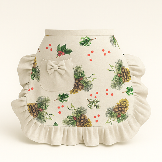 Christmas-themed apron with pinecones, holly berries, and a bow on a white background