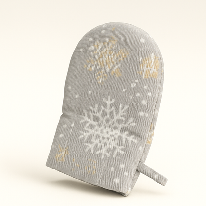 Winter motive oven glove with snowflake print.