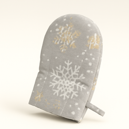 Gray oven mitt with snowflake pattern on a white background
