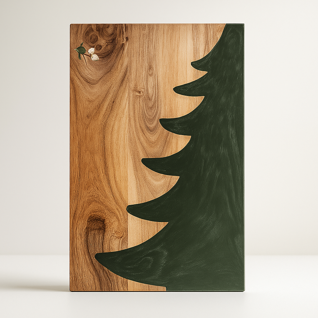 Handmade wooden serving board with a green resin Christmas tree inlay.