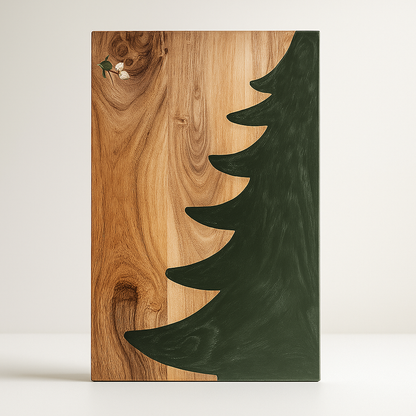 Handmade wooden serving board with a green resin Christmas tree inlay.
