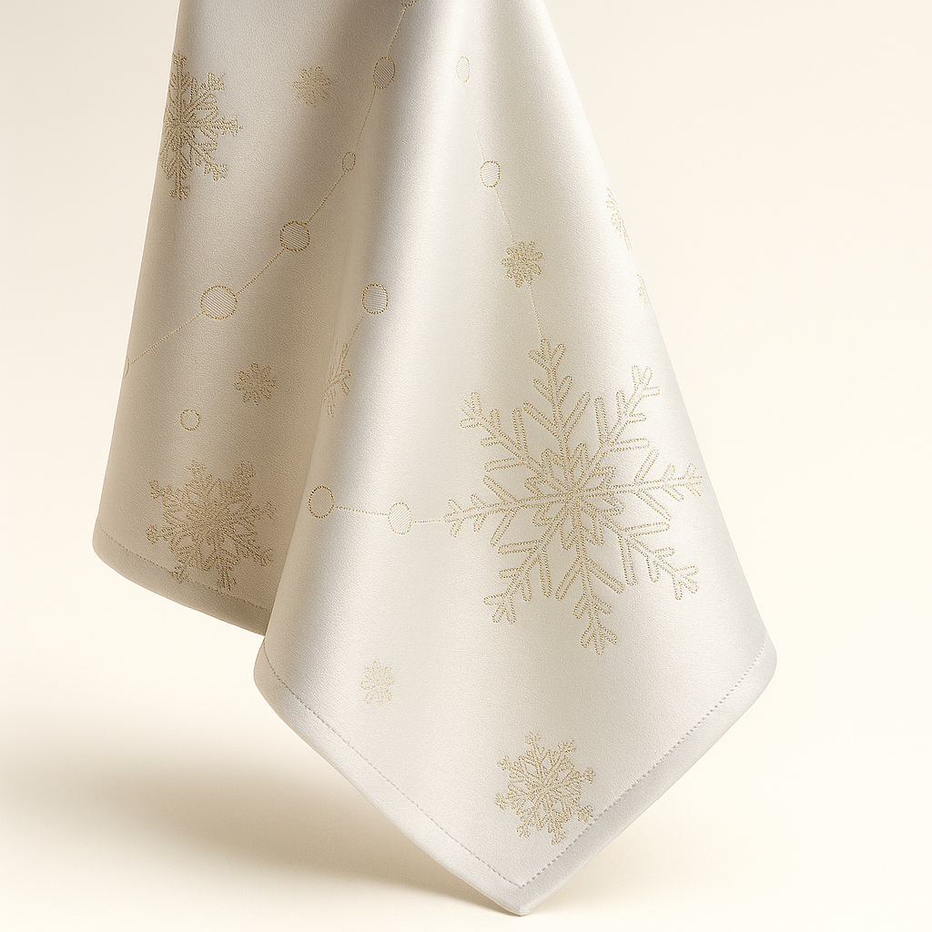 Handmade rectangular tablecloth with a golden snowflake pattern.