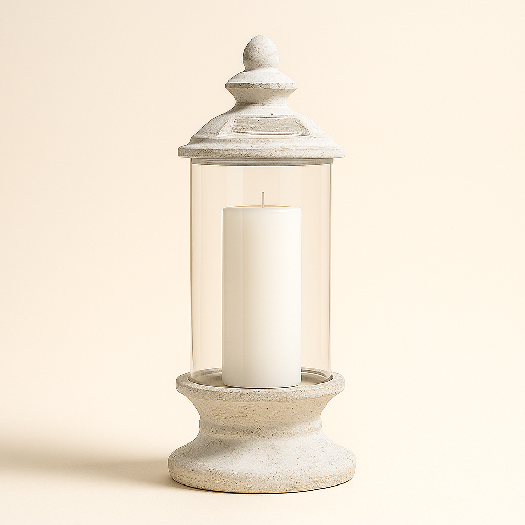 Stone based hurricane lantern with a white candle inside.