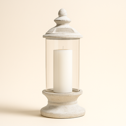 Stone Based Hurricane Lantern - Rustic Glass Candle Holder.